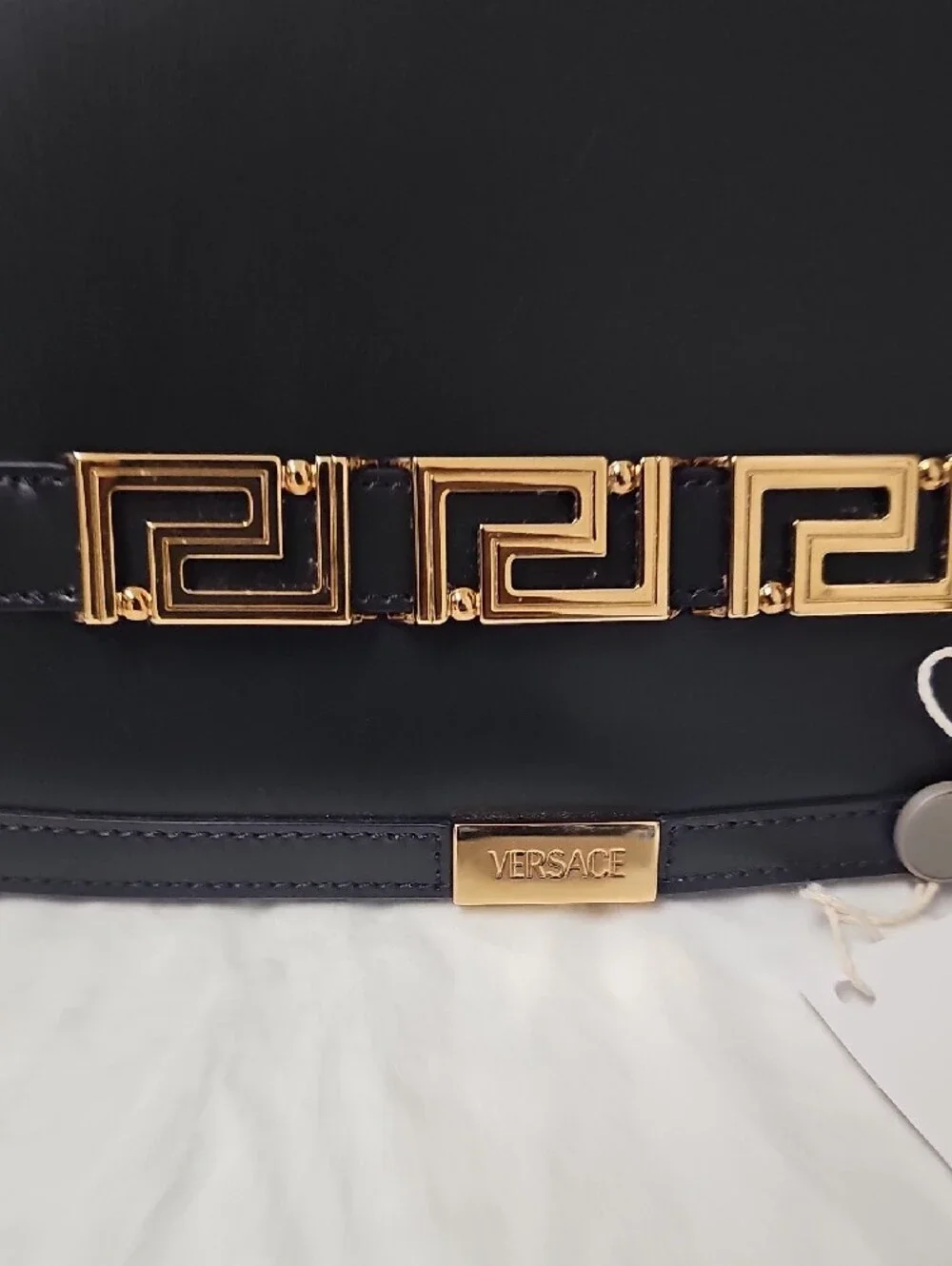 Versace Black Leather Clutch with Gold Greek Key Accent